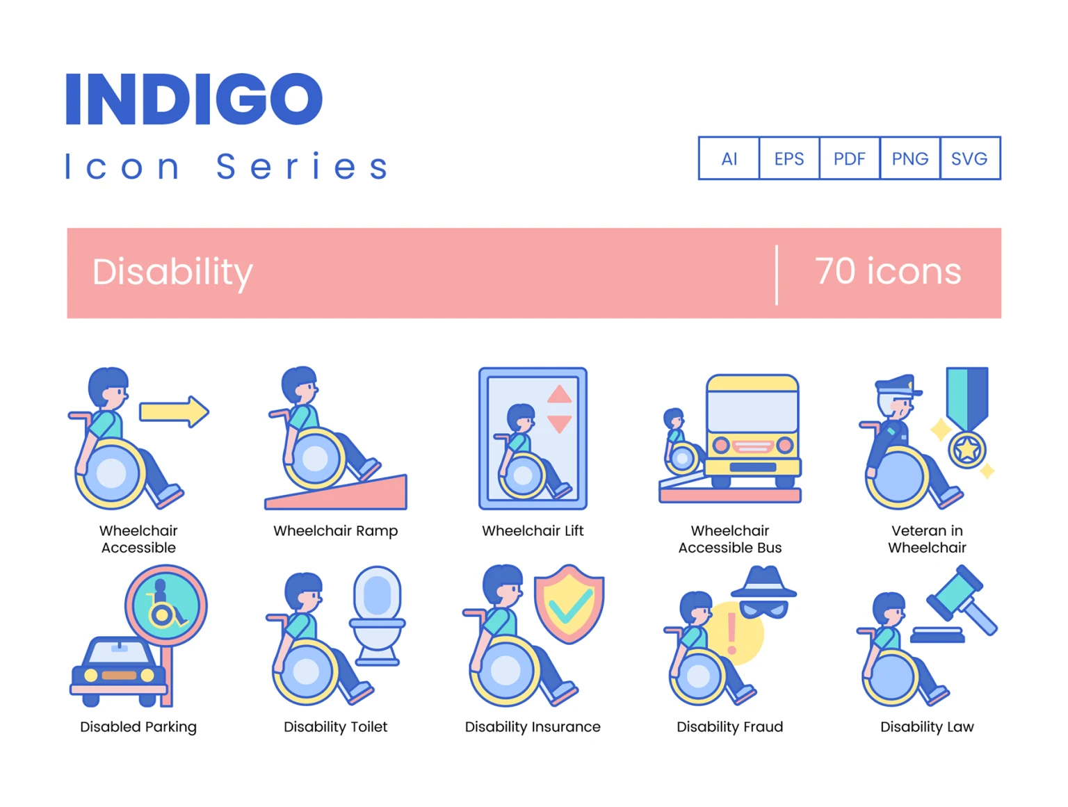 70 Disability Icons- Indigo Series