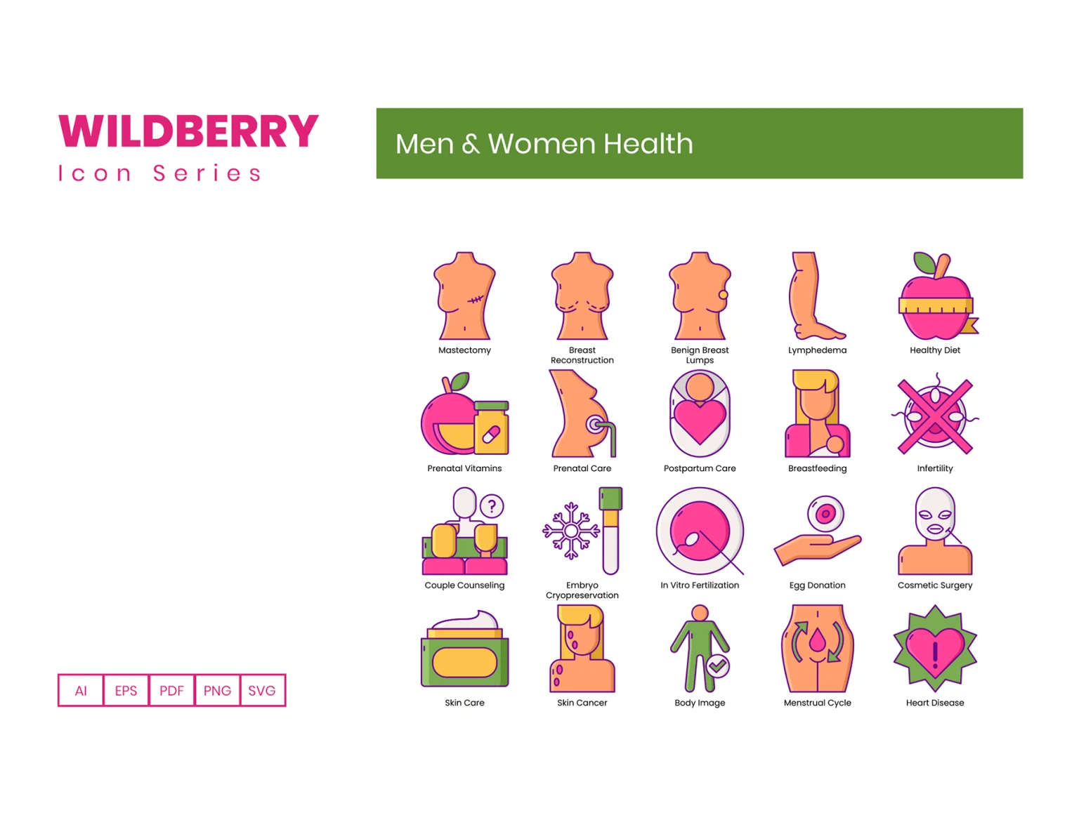 85 Men & Women Health Icons - Wildberry Series