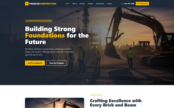 Construction GoHighLevel AI Studio website template design 1 home page