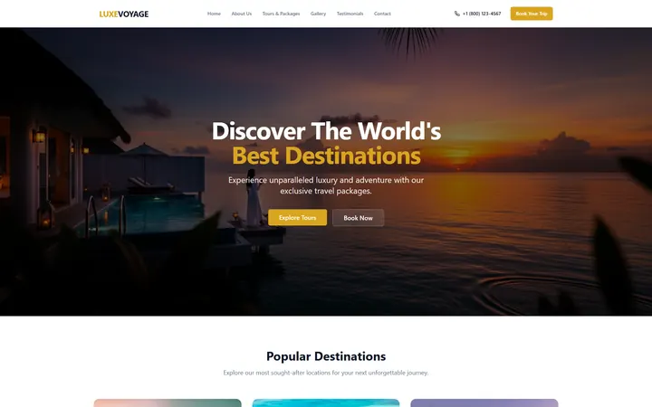 Tourism GoHighLevel AI Studio website template design 1 home page